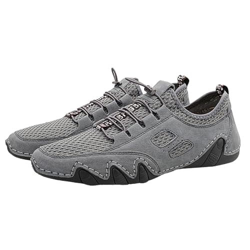 Casual Breathable Mesh Leather Sneakers for Men Walking Running Comfortable Slip On Shoes Spring Summer Autumn Daily Travel Beach, gray, 7 UK