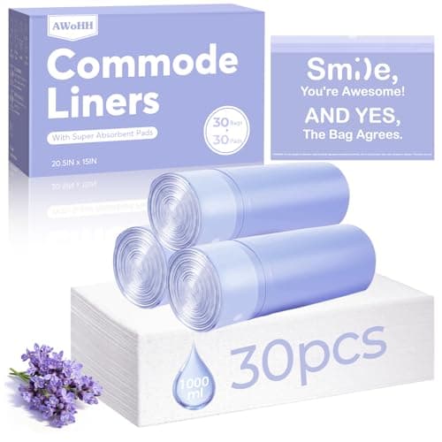 30 Pcs Bedside Commode Liners with Absorbent Pads, Tear-Free Leak-Proof Lavender Scented Commode Bags and Pads, Odor-Free Portable Toilet Liners & Potty Chair Poop Bags for Disposable Adult, Bedpan