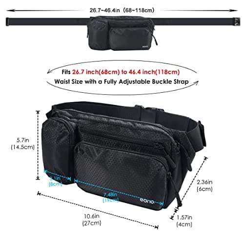 Eono Water Resistant Bum Bag with Multi-Pockets, Large Capacity Waist Fanny Pack for Hiking, Dog Walking, Travel & Outdoor Activities (Black) — view 4