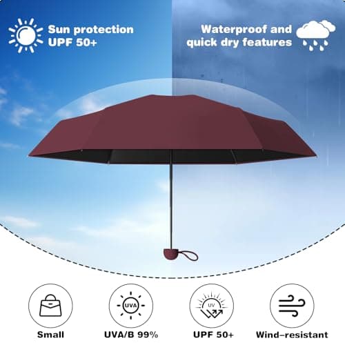 Detontek Mini Folding Travel Umbrella, Mini Travel Umbrella, Pocket Umbrella, Dual Purpose, Compact And Portable, With Storage Box (Wine Red) — view 3