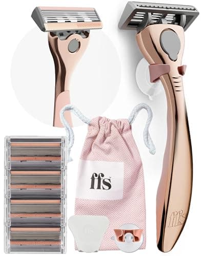 FFS Beauty Starter Shaving Set for Women - Premium Metal Razor Handle, Shower Holder, Travel Pouch, 4 SmoothGlide 6-Blade Cartridges with Vitamin E Lubrication Strip (Rose Gold)
