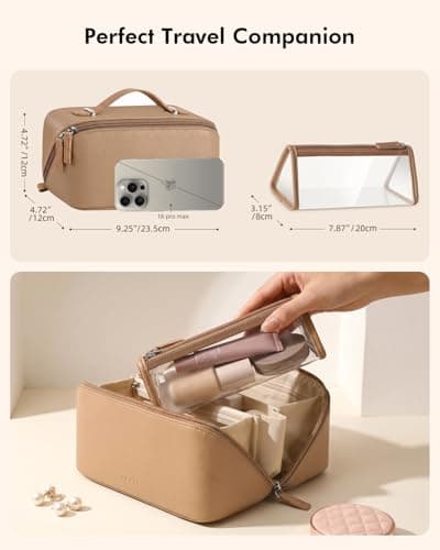 Prite 3 Pcs Travel Makeup Bag Set for Women with 2 Clear TPU Pouches, Brown — view 3