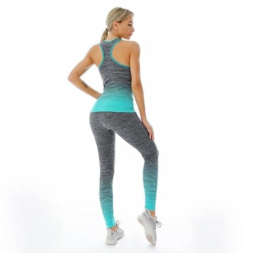 ZiaWorld Women's Workout Set, Gym Set Seamless Ribbed Casual Comfortable Vest Top High Waist Leggings Set, Sports Activewear Tracksuit Yoga Fitness Ladies Gym Wear, TURQUOISE, S/M — view 3
