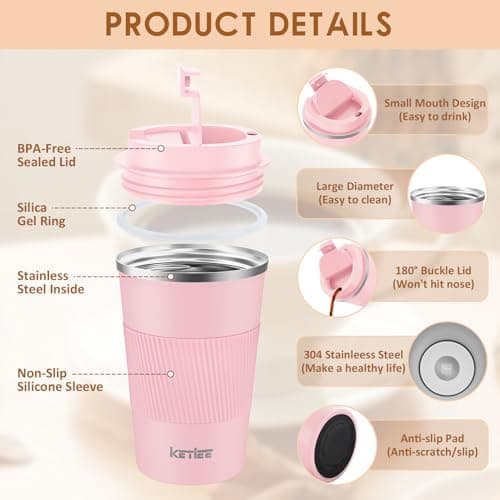 KETIEE Travel Mug Insulated Coffee Cup Reusable Coffee Cups Travel Mugs with Leakproof Lid, Double Walled Coffee Travel Mug, Stainless Steel Coffee Mug for Hot Cold Drinks, 380ml Pink — view 3