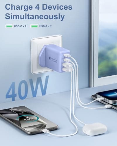 Saqykan 40W 4-Port USB Plug UK Fast Charger Dual PD Power Adapter +QC Multiport Wall Charge Head Mains Type C Fast Charging Plug for iPhone 17 16 15 14 13 12 11 Pro Max Plus, Samsung, iPad — view 3