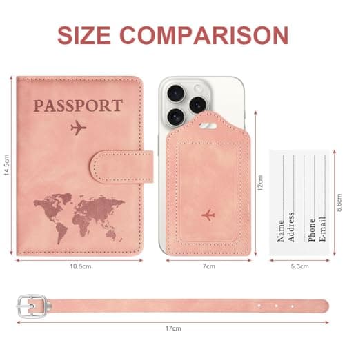 OFFCUP Passport Holder Cover, PU Leather Passport Cover and Luggage Tag Set with RFID Blocking Travel Wallet, Universal Travel Wallet Case Organiser for Money, Boarding Passes, Credit Cards Pink — view 2