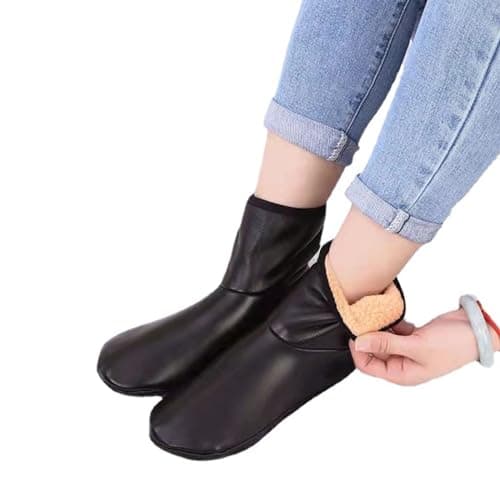 alloneslife Women Men Winter Warm PU Faux Leather Slipper Socks Fleece Lined Thermal Indoor Outdoor Home Slip Middle Tube Socks(Black straight)
