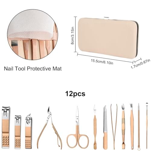 AYBUY Manicure Set, 12pcs Nail Clippers Pedicure Kit, Portable Nail Trimming set,Stainless Steel Grooming Tools with Fine Leather Case for Men Women Friends and Parents(Rose Gold) — view 2