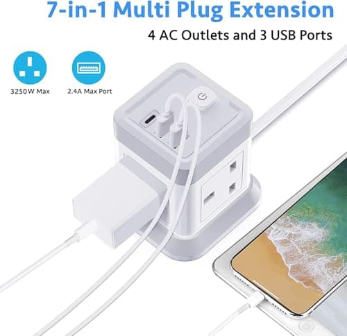 Extension Lead Cube with USB, BEVA 4 Way Power Strip with 3 USB Ports, Desktop Power Extension Socket with 1.5M Extension Cable Cords for Home Dorm Office Travel-WHITE — view 2