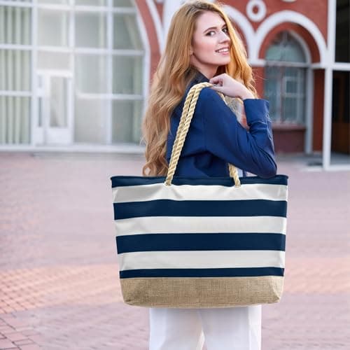 oscaurt Large Beach Bag for Women Waterproof Beach Tote Bag with Zip Holiday Essentials for Women Travel Canvas Shoulder Summer Essentials Pool Shopping — view 3