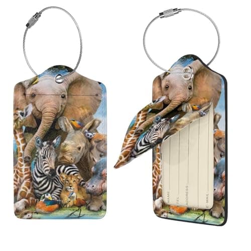 Safari Animals Print Leather Luggage Tags with Stainless Steel Loop Privacy Cover Cute Suitcase Tags for Women Men Travel Bag Suitcase