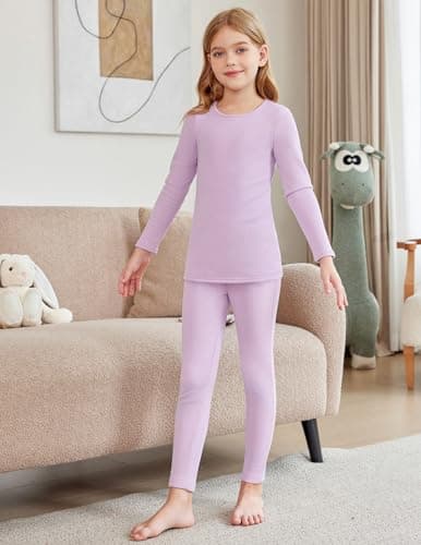Arshiner Girls Thermal Underwear Set Children's Purple Fleece Thin Base Layers Winter Warm Long Sleeve Shirts and leggings 7-8 Years — view 3