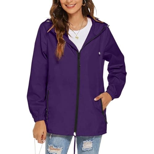 Waterproof Jacket Womens Packaway Rain Coat with Zip Pocket Outdoor Lightweight Softshell Sport Jacket Windproof Windbreak Hiking Jackets Casual Hooded Raincoats Rainproof Coats — view 4