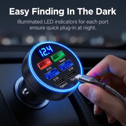 Fanlox Car USB Charger 6 Port, 12V/24V Cigarette Lighter Adapter with 2 USB C and 4 USB A Outputs, LED Voltmeter and Indicator Light for Phones Tablets and In-Car Devices — view 4