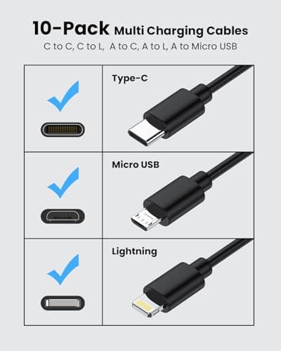 [30CM, 10-Pack] Multi Short USB C/Lightn-ing/Micro Mixed Cables, Multiple Fast Charge & Sync Short USB Cables Bulk for Charging Station for iPhone17&15, iPhone5-14, iPads, Mobiles, Tablets - Black — view 2