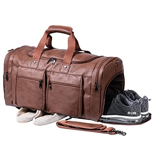 Weekender Bag with Shoe Compartment, Waterproof Pu Leather Overnight Bag Weekender Bag Mens Travel Duffle Bag Large Carry on Bag Travel Tote Duffel Bag for Men or Women-Brown