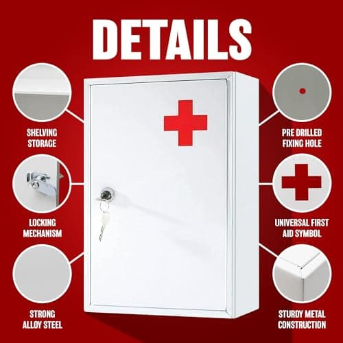 First Aid Medical Cabinet Safe Storage Box with Lock & Key - Use at Home, Bathroom, Office, School, Lab Medication Kit | Wall Mounted With Fixings Included | Lockable, Child Proof & Comes With 2 Keys — view 4