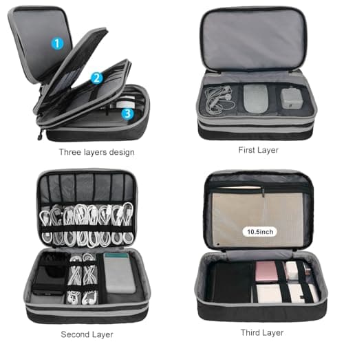 Gocokia Travel Cable Organizer Bag, 3 Layer X-Large Capacity Electronics Accessories Cord Storage Case Bag for Cables, SD Card,Chargers, Power Bank, Cellphone,Tablet(10.2")-Black — view 2