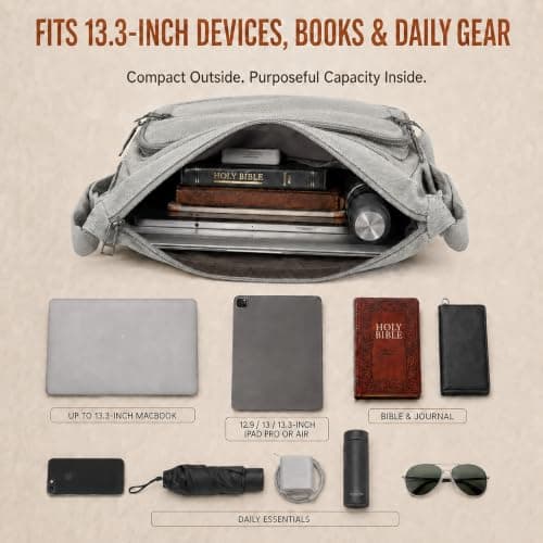 W&G traveler Rfid Blocking Crossbody Bag, Messenger Work Bag with Water Bottle Holders, 13 inch Shoulder Laptop Bag for School, Travel, Tool, Commute, Camera, Grey — view 5