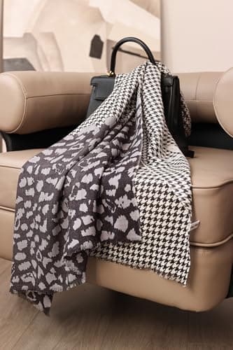 100% Wool Pashmina Blanket Travel Shawls Cashmere Wrap for Women Fall Winter Scarf, Thousand Bird Check + Leopard Graphite Color, 29"x78.7" — view 4