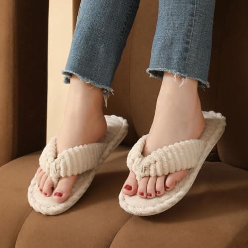 Women’s Ribbed Towelling Thong Slippers, Comfort Memory Foam Non-Slip Soft Open Toe Summer Indoor Slides, Breathable Bedroom Slip On Sandals for Ladies, Lightweight Travel Hospital (Beige, 6) — view 2