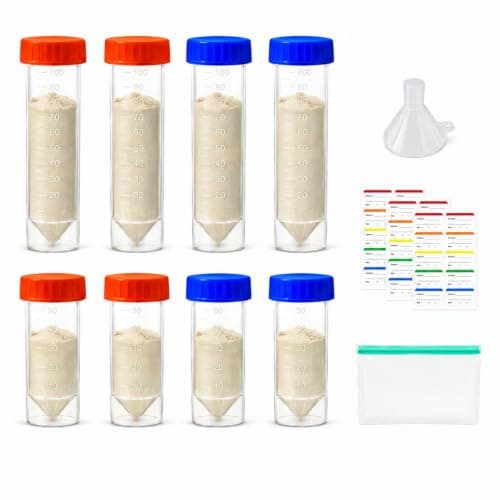 Raoletin 8 Pack Portable Protein Powder Travel Tube Complete Kit with Funnel, Storage Pouch & Colour Labels, Clear Screw-Lid Supplement Dispenser Containers to Go for Creatine, Gym, Workout & Fitness