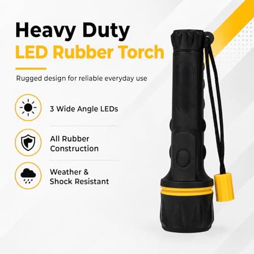 Mercury Heavy Duty LED Rubber Torch Durable Handheld Torch with Wide-Angle LEDs, Anti-Roll Grip, Splash Resistant, Portable and Ideal for Camping, Outdoor, Work and Emergencies 2 AA Batteries — view 2
