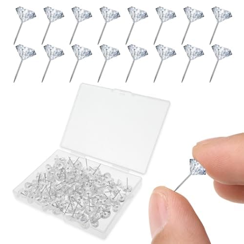 COMNICO Diamond Push Pins, 100 Pcs Clear Pushpins Stainless Steel Decorative Thumb Transparent Diamond Plastic Head Steel Pin for Office Map Calendar Art Painting — view 3