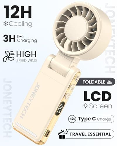 Joneytech Portable Handheld Fan, Rechargeable Personal Fan with 100-Level High Speed, 12-Hour Cooling & LED Display, Small Pocket Fan for Travel Commute Outdoor, Great Gifts for Women（Cream） — view 2