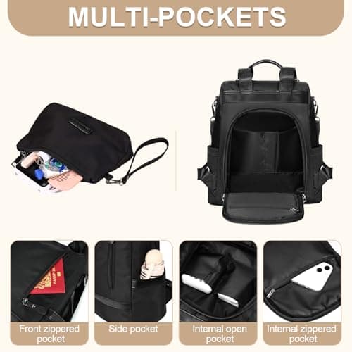 Eshow Backpack Womens Anti Theft with Purse, Ladies Rucksack Fashion, Shoulder Bag Nylon Casual, Small Daypack Handbag for Girls Daily Travel School Work Black — view 4