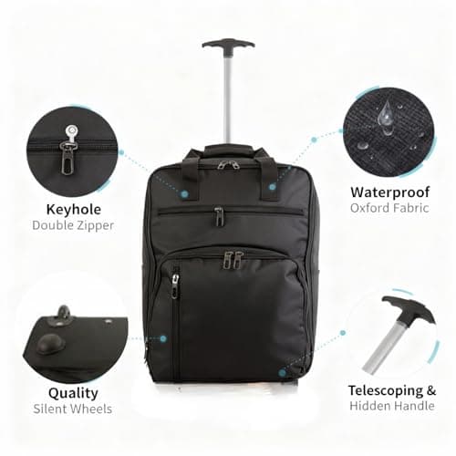 TR-E-002 EasyJet Cabin Bags 45x36x20cm Underseat Rucksack for Plane Hand Luggage Backpack Rolling Wheeled Travel Backpack with Adjustable Height Handle Black — view 3