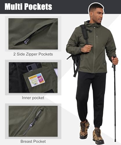 Huayuzh Mens Waterproof Jacket Men's Outdoor Jackets Lightweight Rain Coat Packable Windproof Softshell Hiking Camping Army Green M — view 6