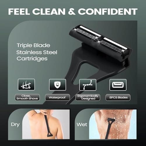 Back Shavers for Men with Foldable Long Ergonomic Handle: DIY Hair Shaver, Replaceable Safety Blade & Portable Razor Groomer for Men, Wet & Dry Shaving-Black — view 3