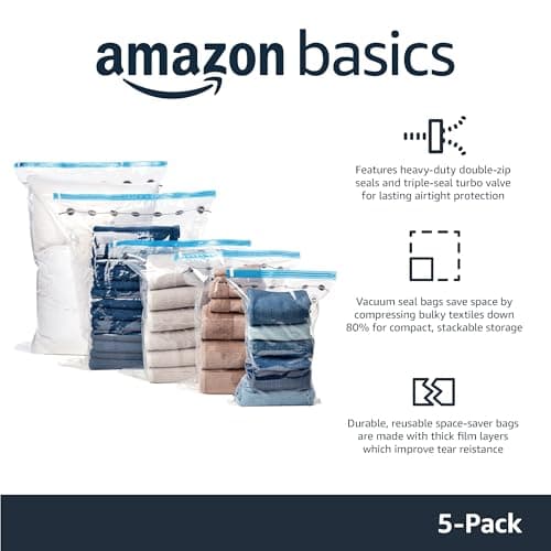Amazon Basics Vacuum Compression Zipper Storage Bags with Airtight Valve and Hand Pump, Medium, 5-Pack, Clear — view 2