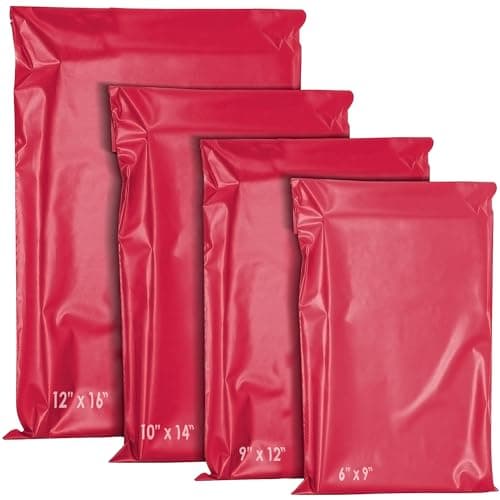 YUNJU 60 Mixed Mailing Postal Self-Seal Closure Plastic Bags - Envelopes for Posting Clothes, Postal, Packaging, Shipping Bags - Tempered Proof, Secure Medium Postage Bags - Mixed Sizes - Red