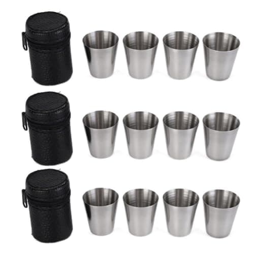 WTRYT Hip Flask Cups Pack of 12 30 ml Shot Cups with 3 Leather Cases Small Stainless Steel Cups Stackable Metal Cups Travel Mug Stainless Steel Cups Shot Glasses for Outdoor Picnic Camping Household