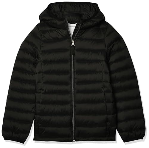 Amazon Essentials Girls' Lightweight Water-Resistant Packable Hooded Puffer Jacket, Black, 10 Years