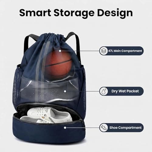SINJAETRQ Drawstring Gym Bag-Waterproof Sports Backpack with Shoe Compartment and Wet Dry Separation, Large Unisex Swimming Bag with Mesh Fabric and Adjustable Shoulder Straps — view 4