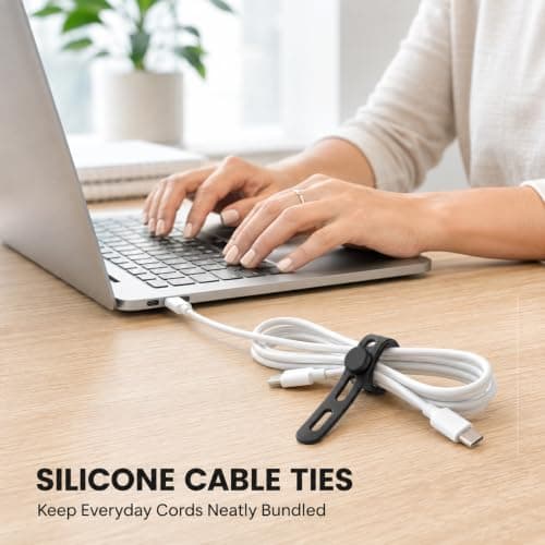 Silicone Cable Ties, Black Adjustable Wire Organisers, Reusable, 10 Pack — view 3