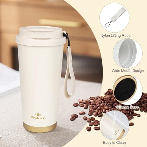 Philorn Coffee Cup Travel Mug, 500ml Insulated Coffee Cup with Lid & Straw — view 5