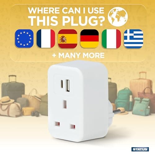 Status UK to EU Travel Adaptor, USB-A & USB-C Ports, White — view 4