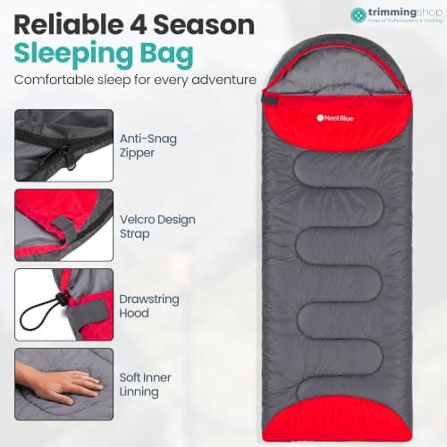 Trimming Shop, 4 Season Sleeping Bag for Adults, Warm Hooded, Grey & Red — view 3