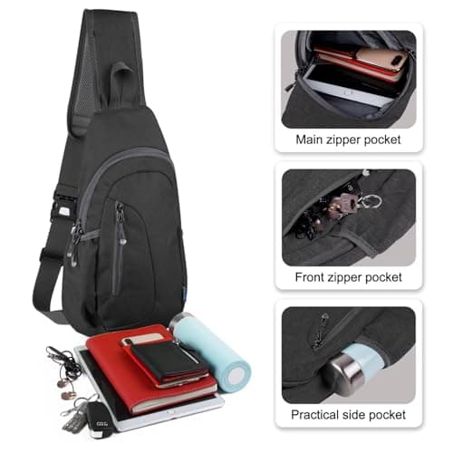 TITECOUGO Small Canvas Sling Bag Lightweight Crossbody Bag for Women Rucksack for Men Running Backpack Travel Chest Pack Shoulder Daypack for Gym Work Outdoor Hiking Sports Dark Black — view 2