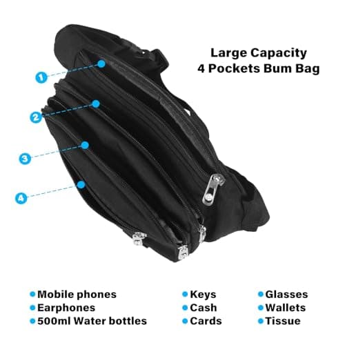 Minnhua 4 Pockets Bum Bag Fanny Pack Bumbags for Men Women Waterproof Waist Bag Large Capacity Waist Packs with 64cm Extended Belt for Dog Walking Sport Running Hiking Cycling Travel — view 4