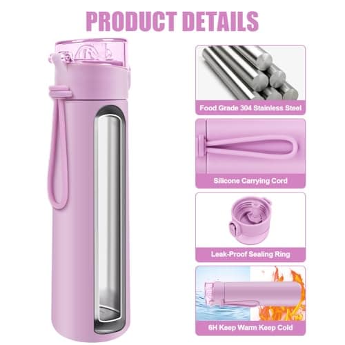 AMFUN 250ml Stainless Steel Insulated Water Bottles, Double Wall Vacuum Small Flask, Water Bottle with Straw, Leakproof Drinks Bottle with Carry Handle for Hot&Cold Drinks (Pink) — view 3