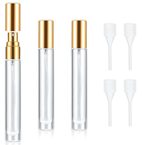 4 Pcs 10ml Portable Travel Perfume Atomiser Refillable Perfume Bottle Spray Bottles, Small Glass Aftershave Travel Bottle Atomizer Dispenser for Women Men Pocket Handbag, with 4 Drippers(Gold)
