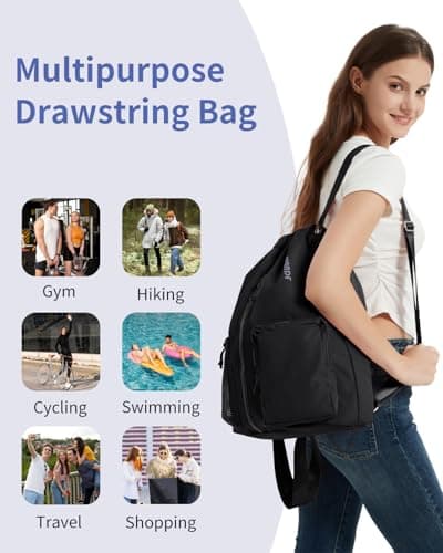 WANDF Drawstring Gym Bag Sports Backpack with Shoes Compartment Water-resistant Swimming Bag for Men Women Ideal for PE School Travel Beach (Black) — view 6