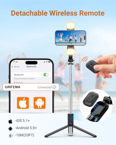 GRIFEMA Selfie Stick Tripod with Fill Lights, 3 Colors & 6 Brightness — view 6