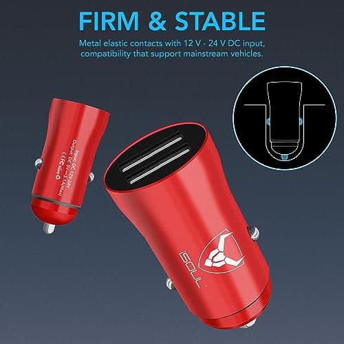 iSOUL Car Charger, USB Car Cigarette Lighter Charger, 12V/24V (DC 5V) 3.1A USB Car Chargers Adapter 2-Port, Fast Charging for iPhone 15 14 12 11 X Pro Max Samsung Galaxy iOS Android Devices Red — view 6