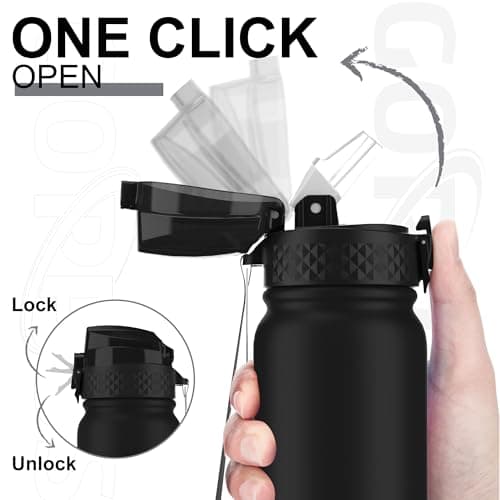 GOPPUS 600ml/20oz Stainless Water Bottle with Straw Double Wall Insulated Bottles with Strap One Hand Open Vacuum Thermal Flask with Flip Top Lid Leakproof Keep Cold Drinks BPA Free (Black) — view 2